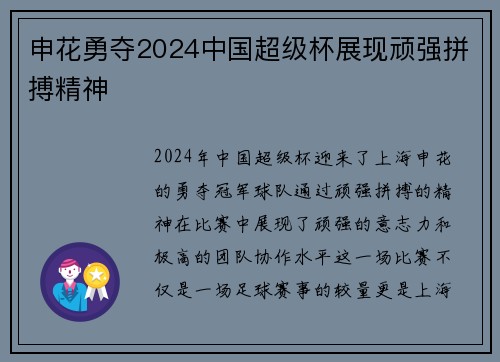 申花勇夺2024中国超级杯展现顽强拼搏精神