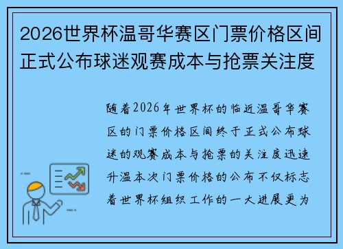 2026世界杯温哥华赛区门票价格区间正式公布球迷观赛成本与抢票关注度全面升温